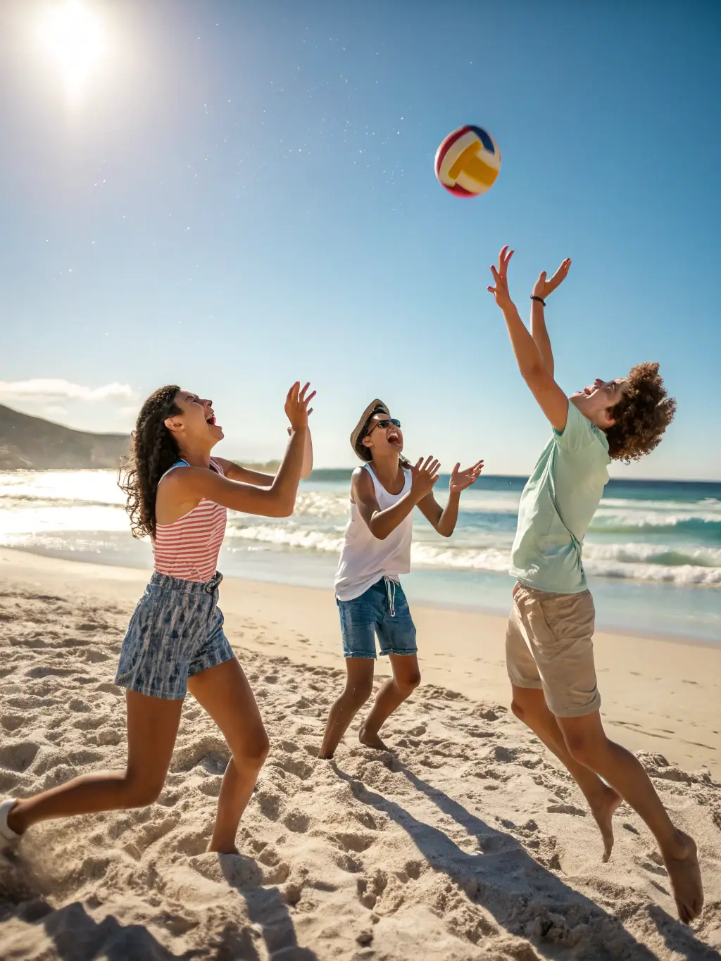 A photo of a group of teenagers learning volleyball techniques on a beach, with the ocean in the background.