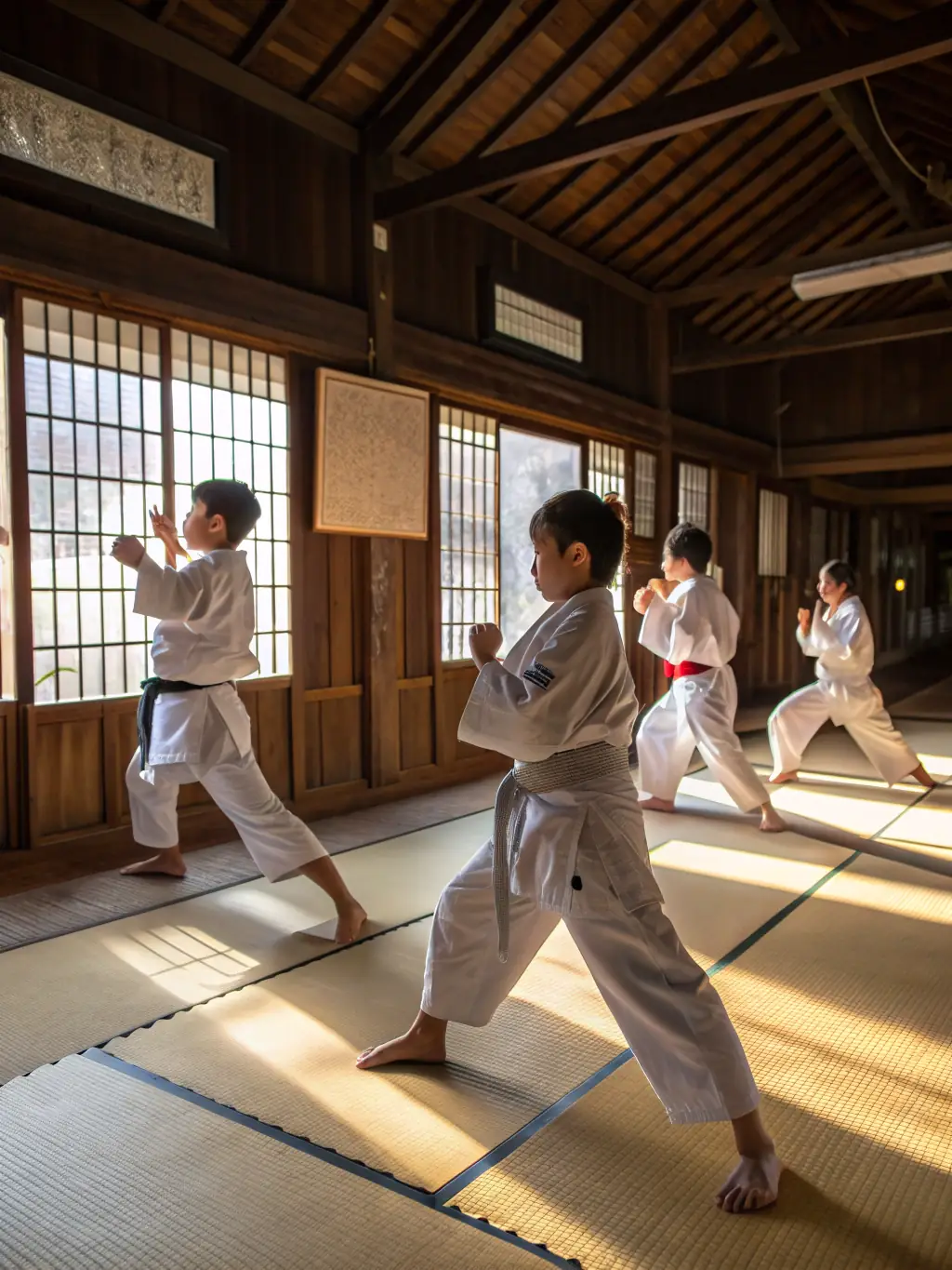 An image of children practicing martial arts in a dojo, focusing on discipline and self-defense techniques.