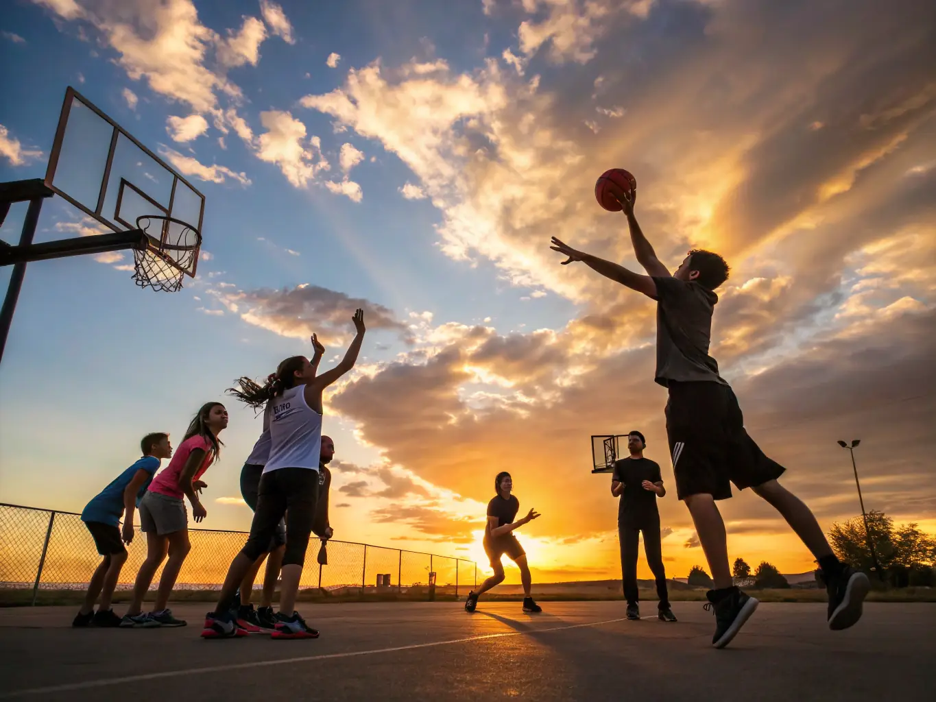 An inspiring image of athletes from different countries participating in a basketball training camp abroad, highlighting cultural exchange and international camaraderie.