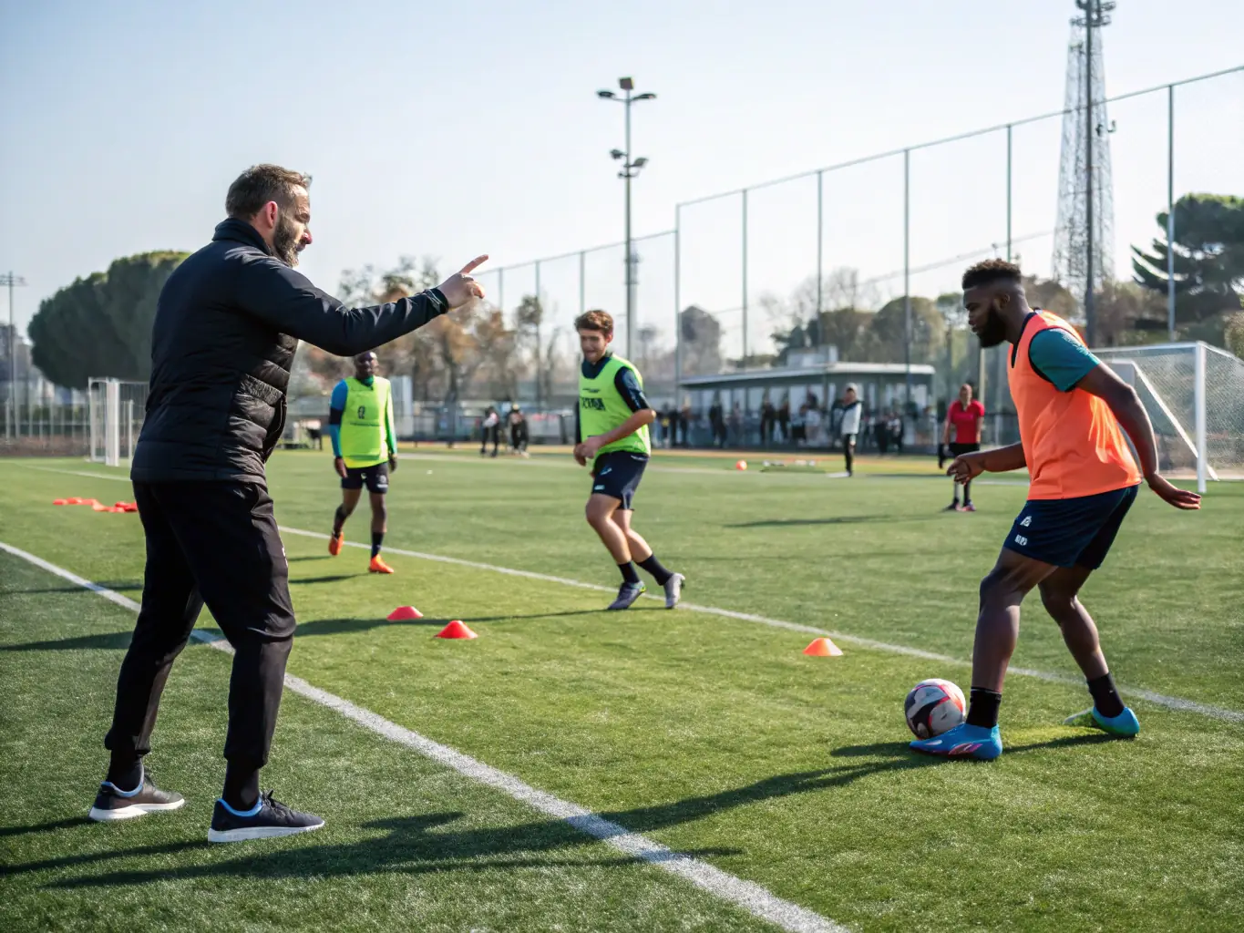 A dynamic shot of young athletes engaged in a soccer training session in France, showcasing teamwork and skill development under the guidance of experienced coaches.