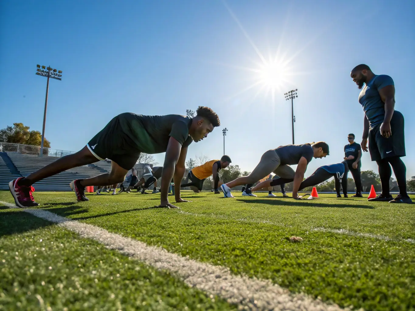 A group of young athletes participating in a training session outdoors, with a coach providing guidance.