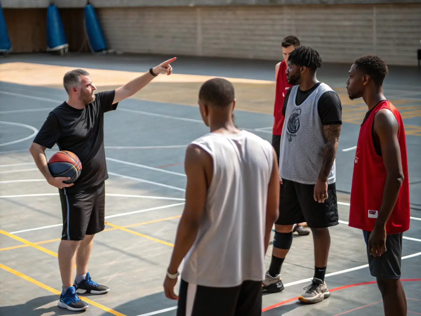 A focused image of a coach providing personalized training to a young athlete during a basketball camp, emphasizing skill development and individual attention.