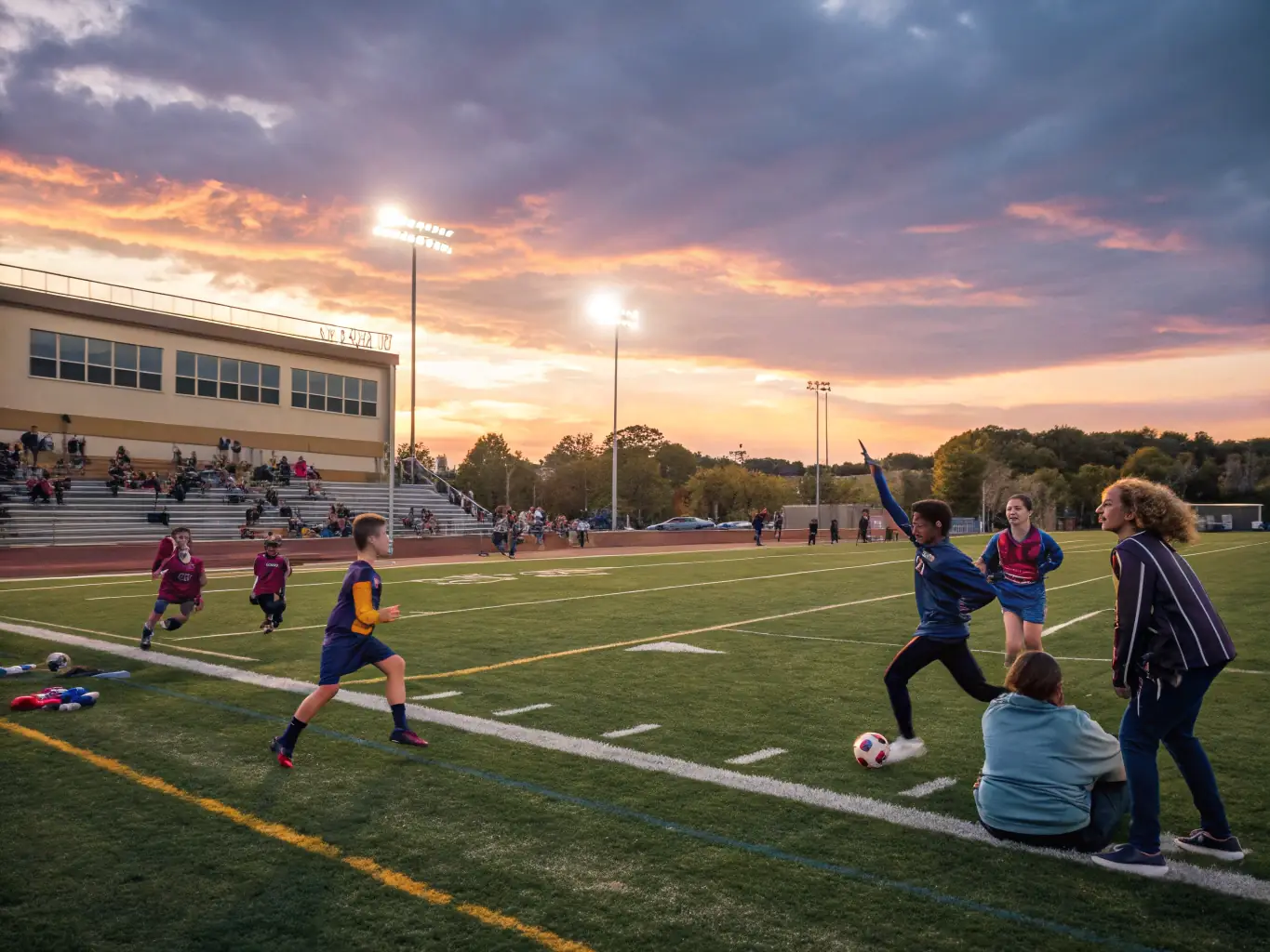 A dynamic shot of young athletes from diverse backgrounds engaged in a friendly soccer match during an APS training camp, showcasing teamwork and cultural exchange.