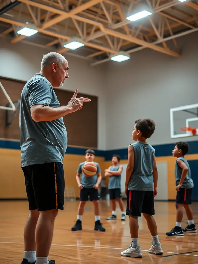 A group of young athletes participating in a basketball training session indoors, focusing on dribbling skills, with a coach providing guidance.